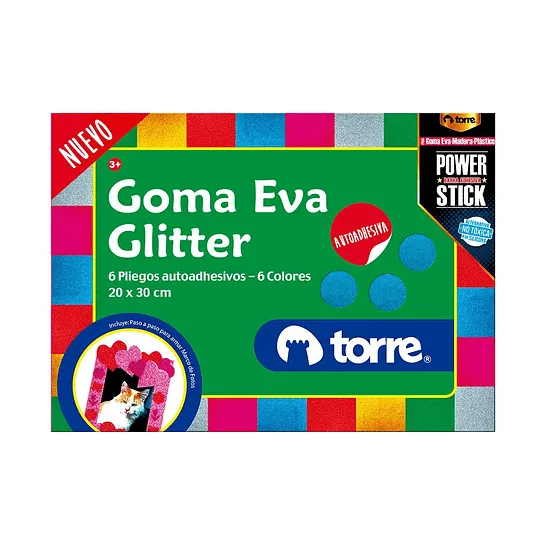 CARPETA CON GOMA EVA GLITTER ADHESIVA 6 COLORES 6 LAMINAS TORRE