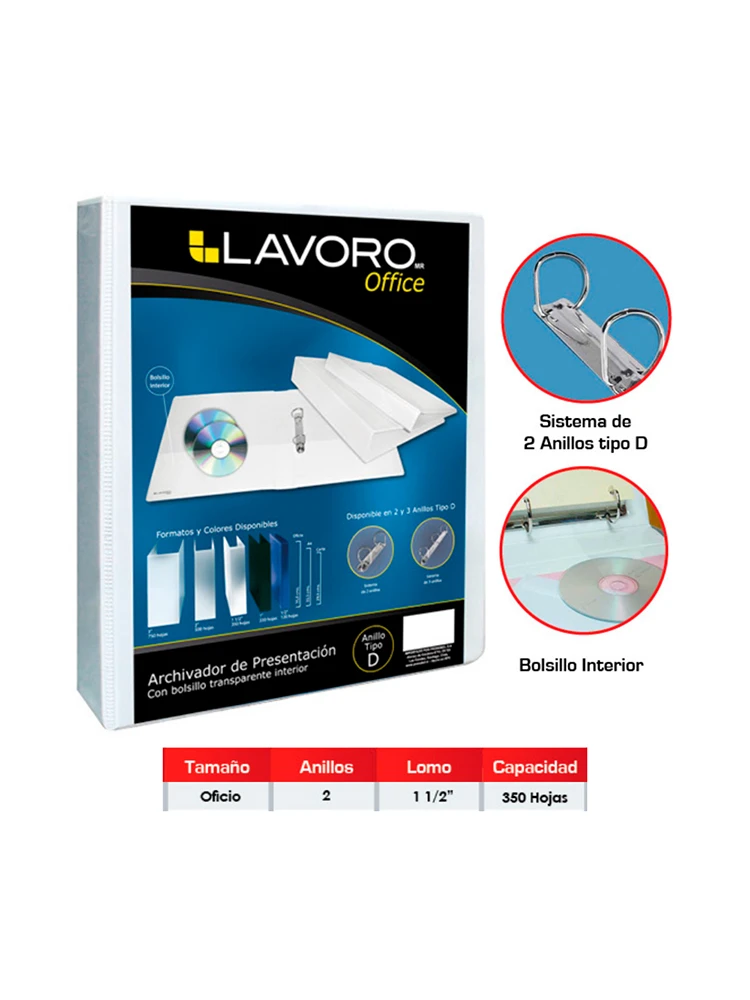ARCHIVADOR CATÁLOGO CARTA 2 ANILLOS 1,5" 220 HOJAS LAVORO